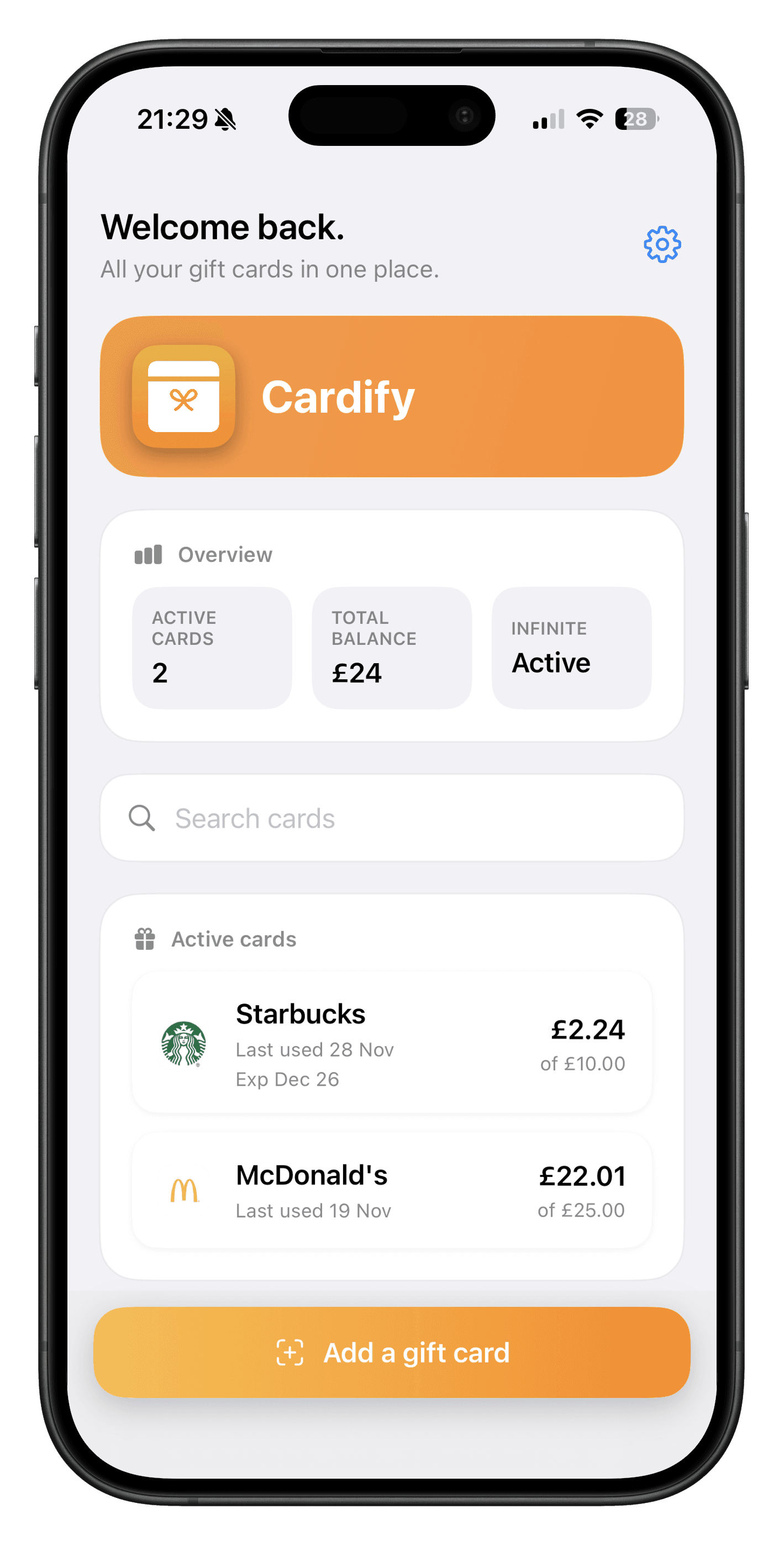 Cardify HomeView interface